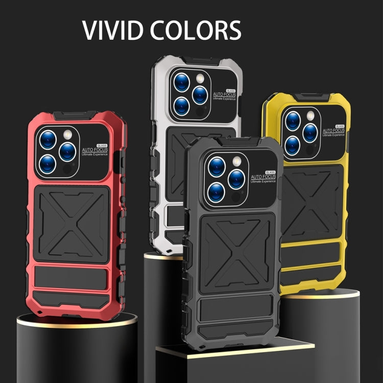 For iPhone 15 Pro Max R-JUST Metal + Silicone + Tempered Glass Life Waterproof Phone Case with Holder(Silver) by R-JUST