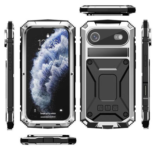 For iPhone Air R-JUST Metal + Silicone + Tempered Glass Life Waterproof Phone Case with Holder(Silver) - iPhone Air Cases by R-JUST | Online Shopping UK | buy2fix