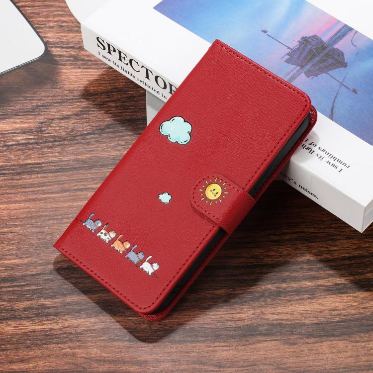 For iPhone 16e Cartoon Cats Leather Phone Case(Red) - iPhone 16e Cases by buy2fix | Online Shopping UK | buy2fix