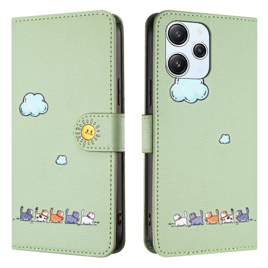 For Xiaomi Redmi 12 4G Cartoon Cats Leather Phone Case(Green) by buy2fix