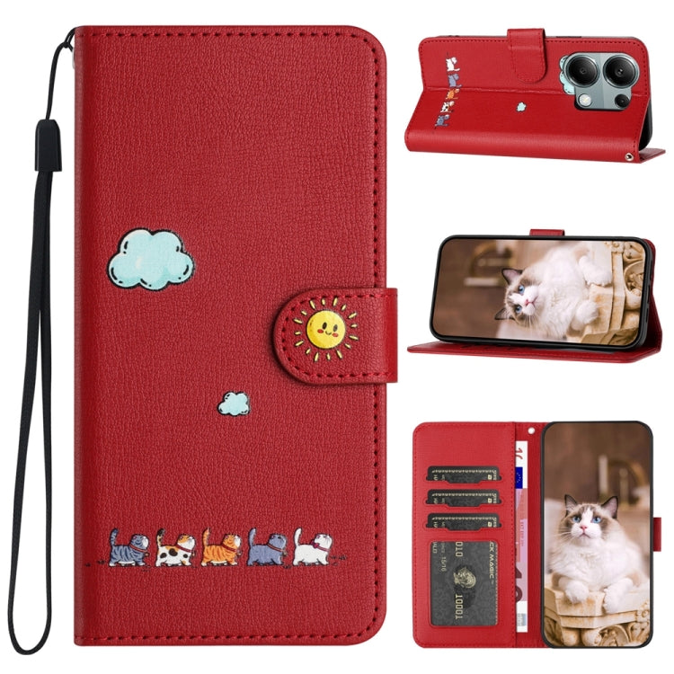 For Xiaomi Redmi Note 13 Pro 4G Cartoon Cats Leather Phone Case(Red) - Xiaomi Cases by buy2fix | Online Shopping UK | buy2fix