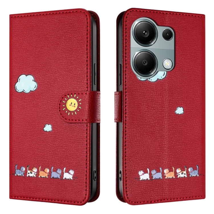 For Xiaomi Redmi Note 13 Pro 4G Cartoon Cats Leather Phone Case(Red) - Xiaomi Cases by buy2fix | Online Shopping UK | buy2fix