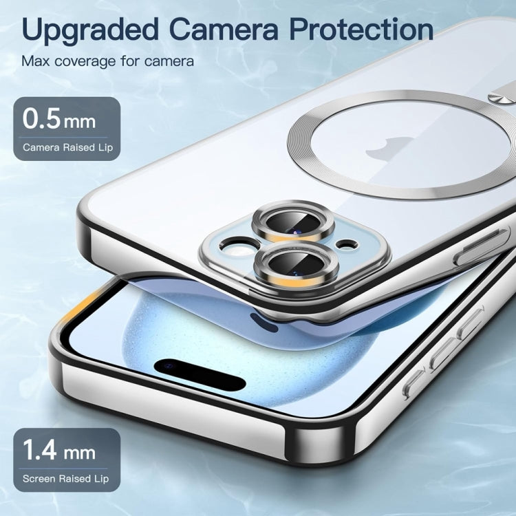 For iPhone 14 Plus Magsafe Magnetic Transparent Electroplated TPU Phone Case(Silver) - iPhone 14 Plus Tempered Glass by buy2fix | Online Shopping UK | buy2fix