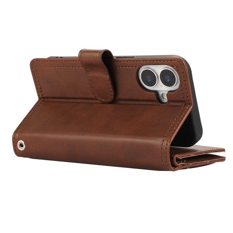 For iPhone 16 Plus Wristband Card Slot Leather Phone Case(Coffee) - iPhone 16 Plus Cases by buy2fix | Online Shopping UK | buy2fix