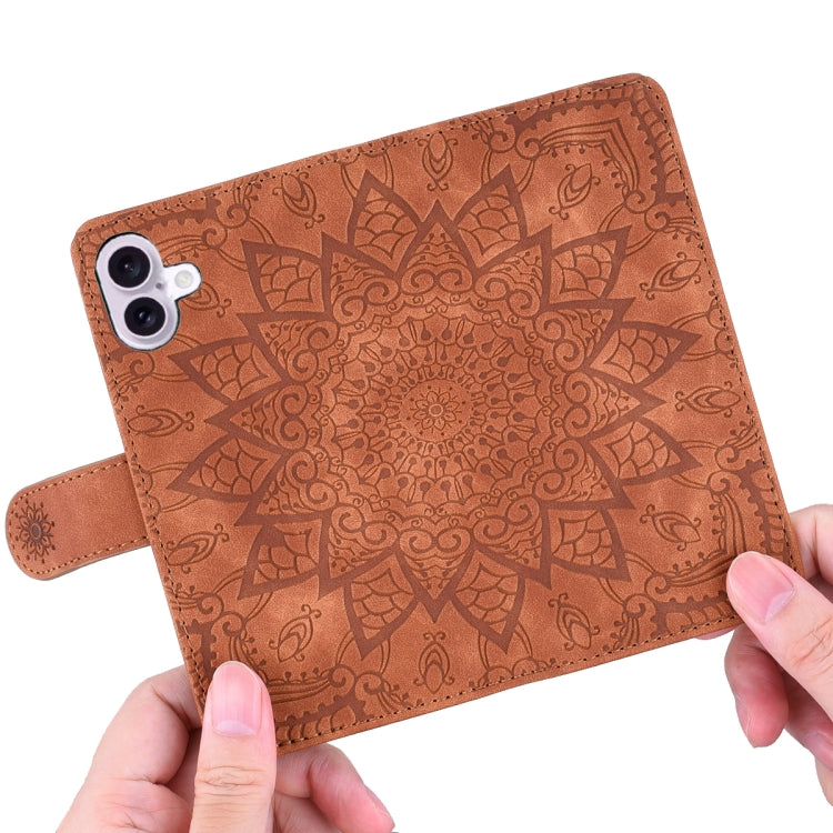 For iPhone 16 Plus Mandala Embossed Dual-Fold Calf Leather Phone Case(Brown) by buy2fix