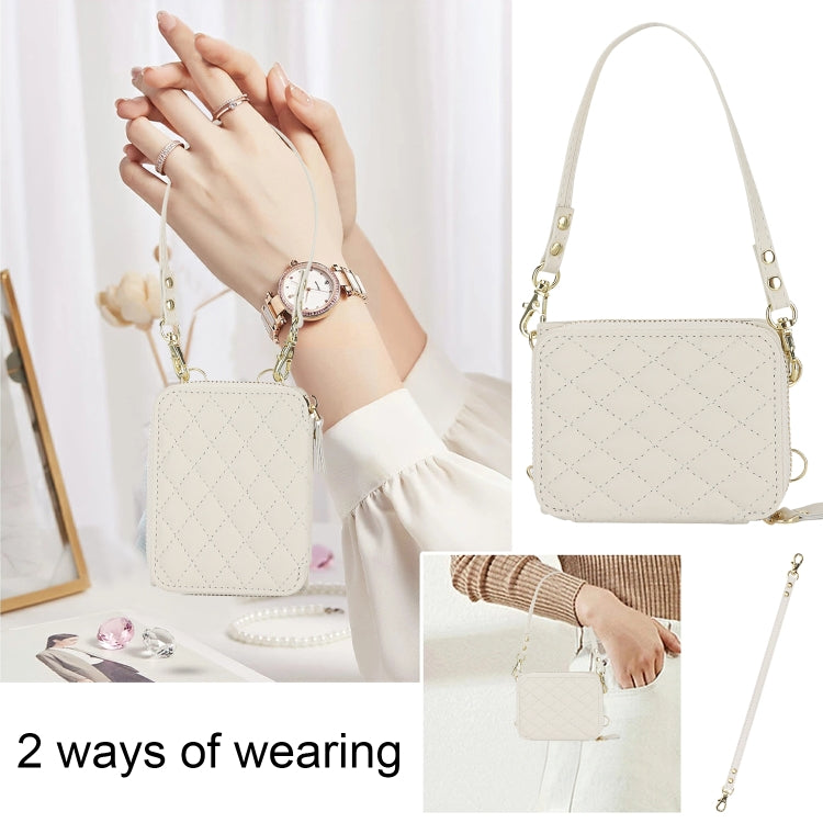 For Motorola Razr 40 Rhombic Texture Card Bag Phone Case with Dual Lanyard(White) by buy2fix