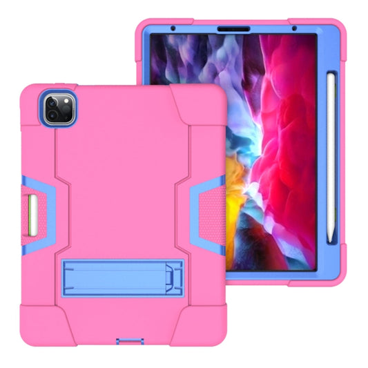 For iPad Pro 12.9 2021 / 2020 / 2019 Contrast Color Silicone + PC Protective Tablet Case with Holder(Rose Red + Blue) - iPad Pro 12.9 (2020) Cases by buy2fix | Online Shopping UK | buy2fix