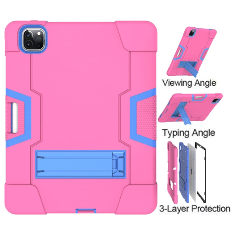 For iPad Pro 12.9 2021 / 2020 / 2019 Contrast Color Silicone + PC Protective Tablet Case with Holder(Rose Red + Blue) - iPad Pro 12.9 (2020) Cases by buy2fix | Online Shopping UK | buy2fix