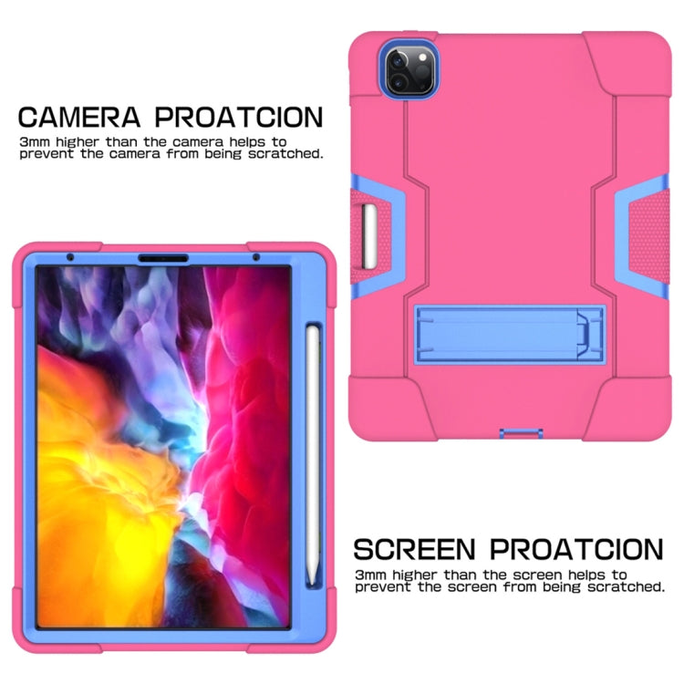 For iPad Pro 12.9 2021 / 2020 / 2019 Contrast Color Silicone + PC Protective Tablet Case with Holder(Rose Red + Blue) - iPad Pro 12.9 (2020) Cases by buy2fix | Online Shopping UK | buy2fix