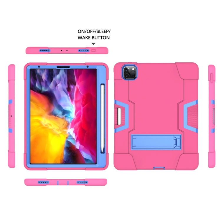 For iPad Pro 12.9 2021 / 2020 / 2019 Contrast Color Silicone + PC Protective Tablet Case with Holder(Rose Red + Blue) - iPad Pro 12.9 (2020) Cases by buy2fix | Online Shopping UK | buy2fix