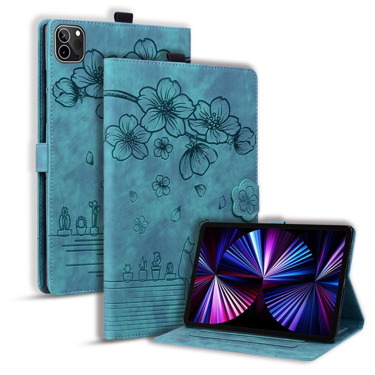 For iPad Pro 12.9 2022 / 2021 Cartoon Sakura Cat Embossed Smart Leather Tablet Case(Green) - iPad Pro 12.9 (2022/2021) Cases by buy2fix | Online Shopping UK | buy2fix