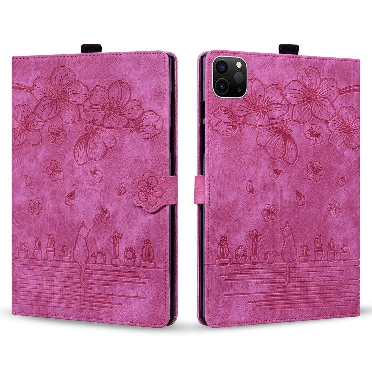 For iPad Pro 12.9 2022 / 2021 Cartoon Sakura Cat Embossed Smart Leather Tablet Case(Rose Red) - iPad Pro 12.9 (2022/2021) Cases by buy2fix | Online Shopping UK | buy2fix