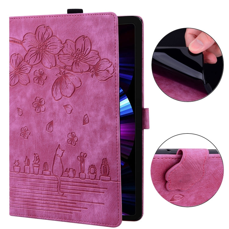 For iPad Pro 12.9 2022 / 2021 Cartoon Sakura Cat Embossed Smart Leather Tablet Case(Rose Red) - iPad Pro 12.9 (2022/2021) Cases by buy2fix | Online Shopping UK | buy2fix