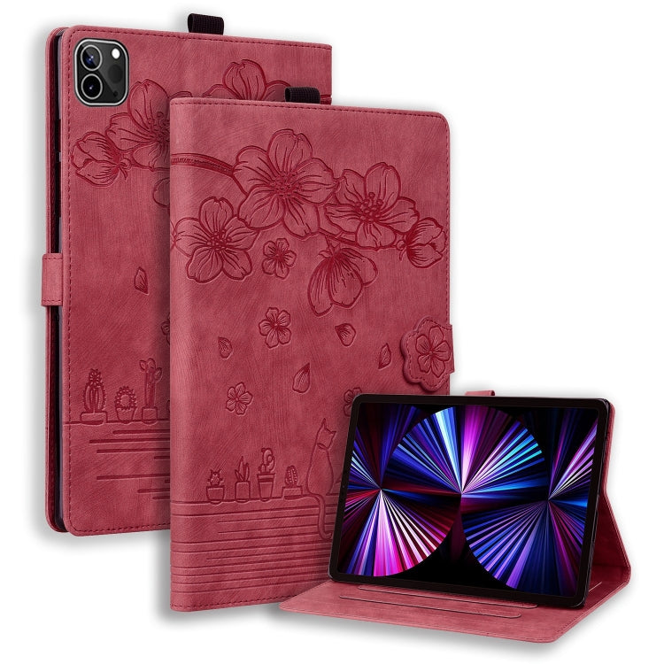 For iPad Pro 12.9 2022 / 2021 Cartoon Sakura Cat Embossed Smart Leather Tablet Case(Red) - iPad Pro 12.9 (2022/2021) Cases by buy2fix | Online Shopping UK | buy2fix