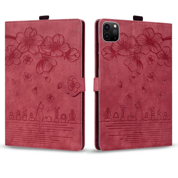 For iPad Pro 12.9 2022 / 2021 Cartoon Sakura Cat Embossed Smart Leather Tablet Case(Red) - iPad Pro 12.9 (2022/2021) Cases by buy2fix | Online Shopping UK | buy2fix
