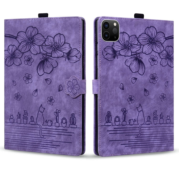 For iPad Pro 12.9 2022 / 2021 Cartoon Sakura Cat Embossed Smart Leather Tablet Case(Purple) - iPad Pro 12.9 (2022/2021) Cases by buy2fix | Online Shopping UK | buy2fix