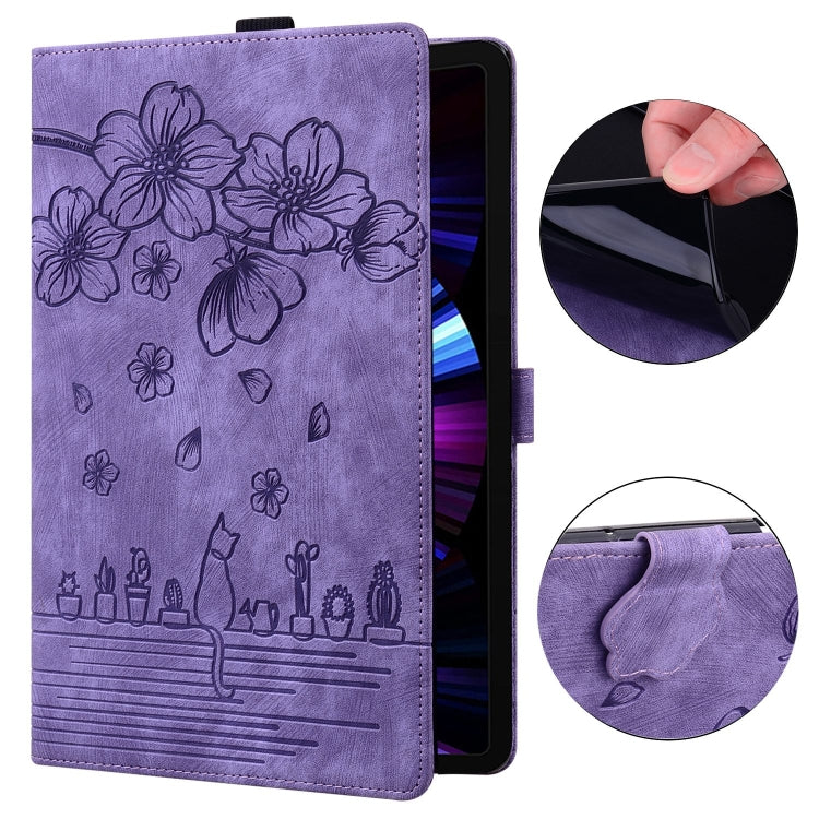 For iPad Pro 12.9 2022 / 2021 Cartoon Sakura Cat Embossed Smart Leather Tablet Case(Purple) - iPad Pro 12.9 (2022/2021) Cases by buy2fix | Online Shopping UK | buy2fix