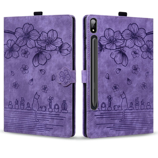 For Samsung Galaxy Tab S9+ /S8+ /S7+ Cartoon Sakura Cat Embossed Smart Leather Tablet Case(Purple) by buy2fix