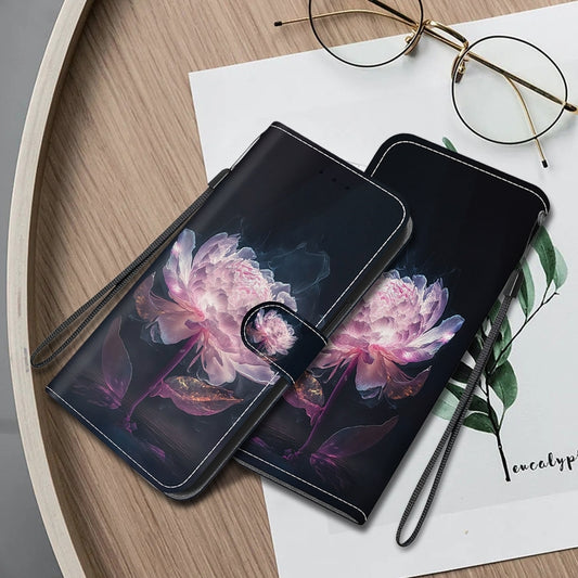 For iPhone 16 Pro Crystal Texture Colored Drawing Leather Phone Case(Purple Peony) by buy2fix
