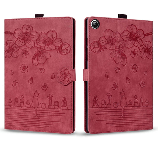 For Samsung Galaxy Tab A11 / A9 Cartoon Sakura Cat Embossed Leather Tablet Case(Red) by buy2fix