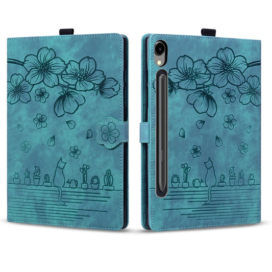 For Samsung Galaxy Tab S9 FE Cartoon Sakura Cat Embossed Leather Tablet Case(Green) by buy2fix