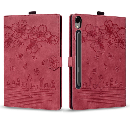 For Samsung Galaxy Tab S9 FE Cartoon Sakura Cat Embossed Leather Tablet Case(Red) by buy2fix