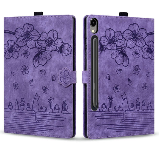 For Samsung Galaxy Tab S9 FE+ Cartoon Sakura Cat Embossed Leather Tablet Case(Purple) by buy2fix