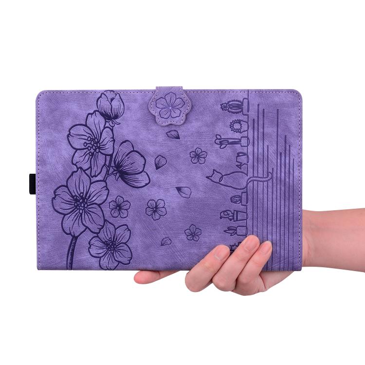For Samsung Galaxy Tab S10 FE+ Cartoon Sakura Cat Embossed Leather Tablet Case(Purple) - Galaxy Tab S10 FE+ by buy2fix | Online Shopping UK | buy2fix