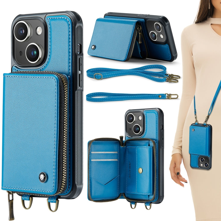 For iPhone 15 Plus JEEHOOD C22 Series Zipper Wallet Leather Phone Case with Dual Lanyard(Blue) - iPhone 15 Plus Cases by JEEHOOD | Online Shopping UK | buy2fix