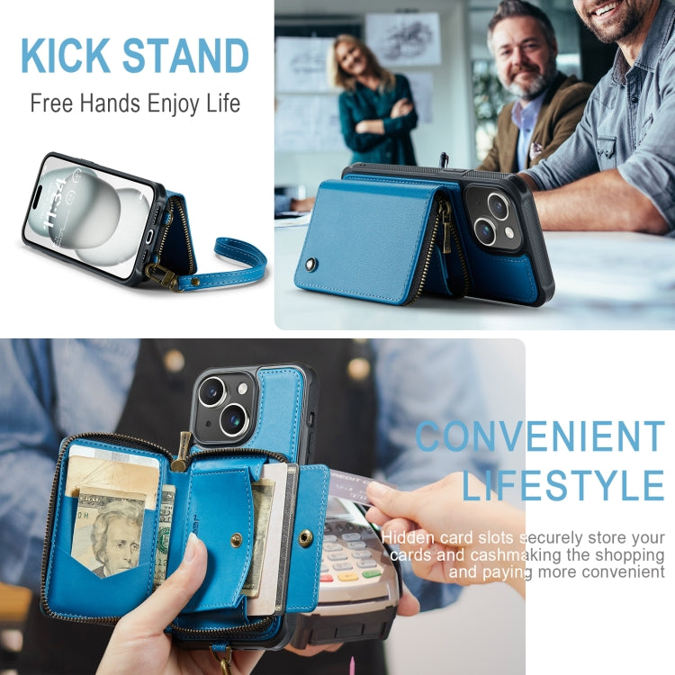 For iPhone 15 JEEHOOD C22 Series Zipper Wallet Leather Phone Case with Dual Lanyard(Blue) - iPhone 15 Cases by JEEHOOD | Online Shopping UK | buy2fix