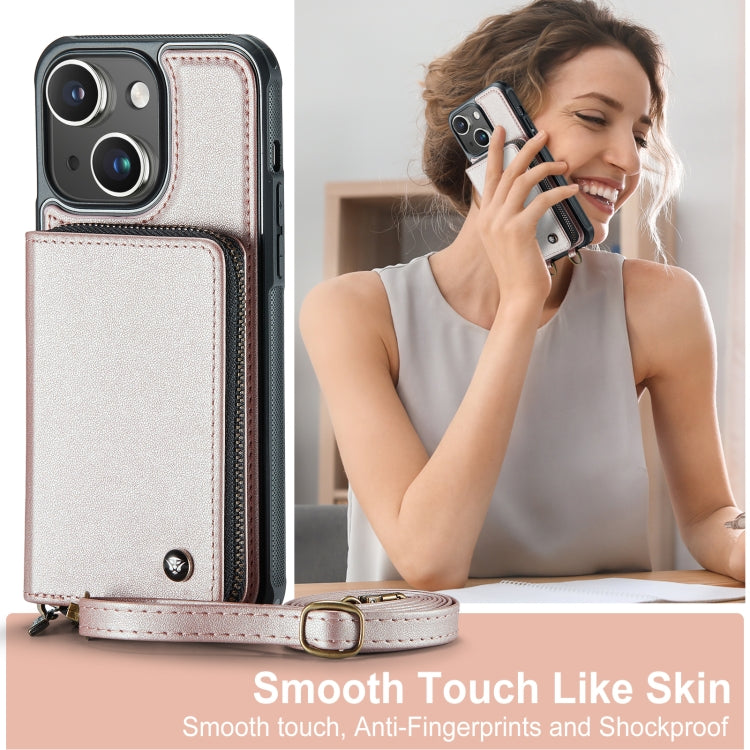 For iPhone 15 JEEHOOD C22 Series Zipper Wallet Leather Phone Case with Dual Lanyard(Rose Gold) - iPhone 15 Cases by JEEHOOD | Online Shopping UK | buy2fix