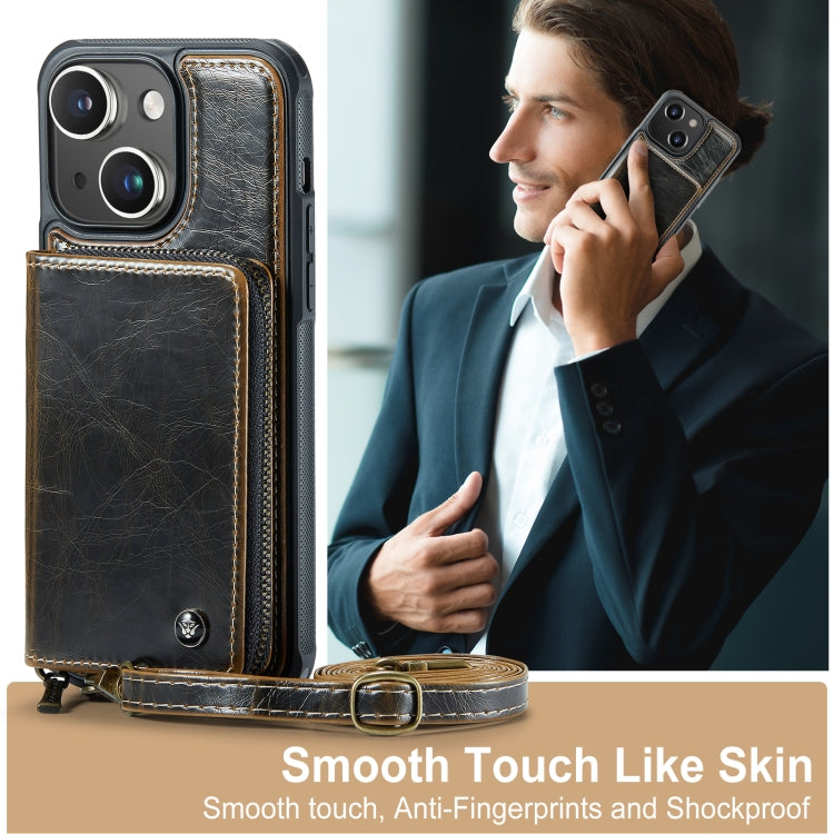 For iPhone 15 JEEHOOD C22 Series Zipper Wallet Leather Phone Case with Dual Lanyard(Coffee) - iPhone 15 Cases by JEEHOOD | Online Shopping UK | buy2fix