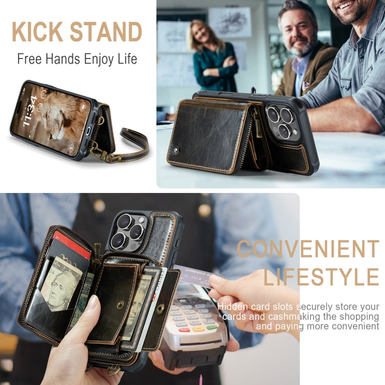 For iPhone 16 Pro Max JEEHOOD C22 Series Zipper Wallet Leather Phone Case with Dual Lanyard(Coffee) by JEEHOOD