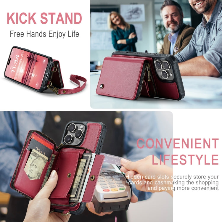 For iPhone 16 Pro JEEHOOD C22 Series Zipper Wallet Leather Phone Case with Dual Lanyard(Red) by JEEHOOD