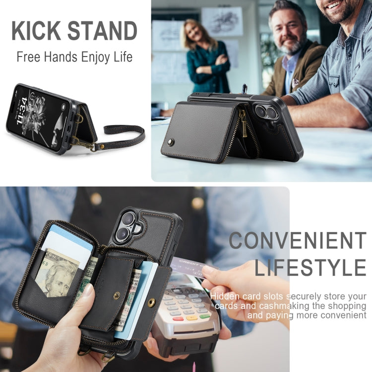 For iPhone 16 Plus JEEHOOD C22 Series Zipper Wallet Leather Phone Case with Dual Lanyard(Black) by JEEHOOD