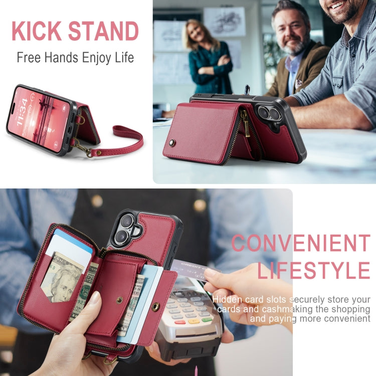 For iPhone 16 Plus JEEHOOD C22 Series Zipper Wallet Leather Phone Case with Dual Lanyard(Red) by JEEHOOD