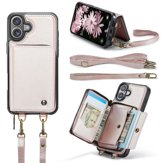 For iPhone 16 JEEHOOD C22 Series Zipper Wallet Leather Phone Case with Dual Lanyard(Rose Gold) by JEEHOOD