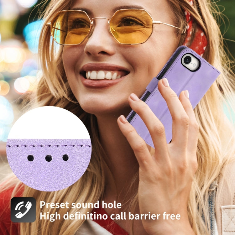 For iPhone 16e Skin-feel Flowers Embossed Wallet Leather Phone Case(Purple) by buy2fix