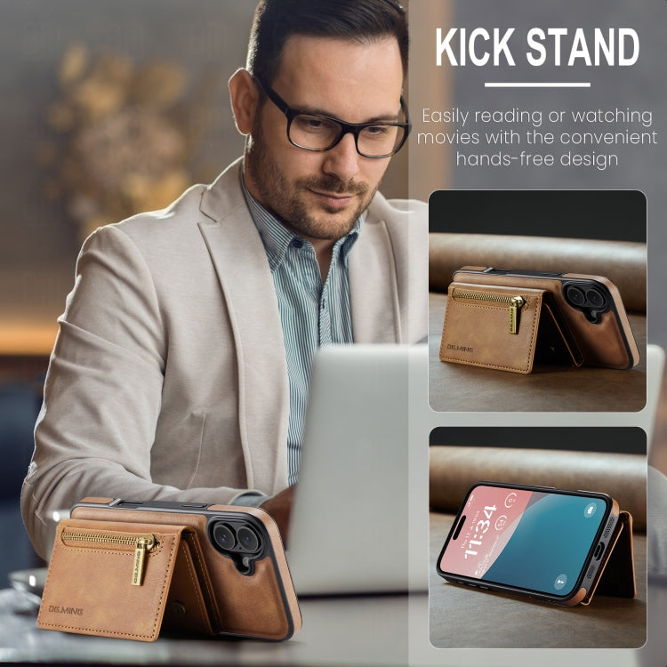 For iPhone 16 Plus DG.MING M5 Series Zip RFID Multi Card Detachable Leather Phone Case(Brown) by DG.MING