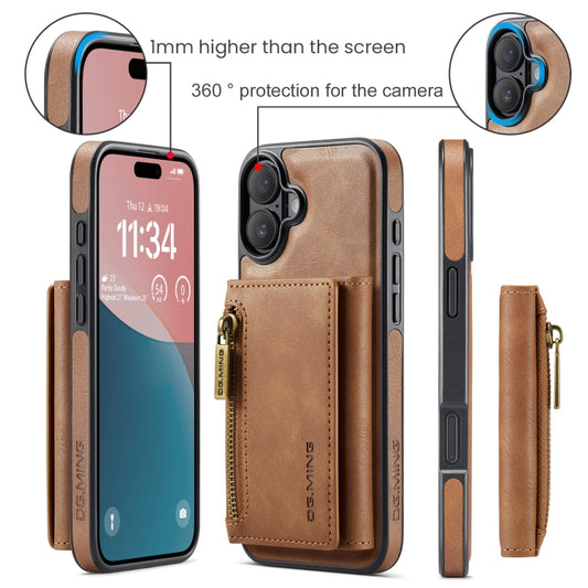 For iPhone 16 DG.MING M5 Series Zip RFID Multi Card Detachable Leather Phone Case(Brown) by DG.MING