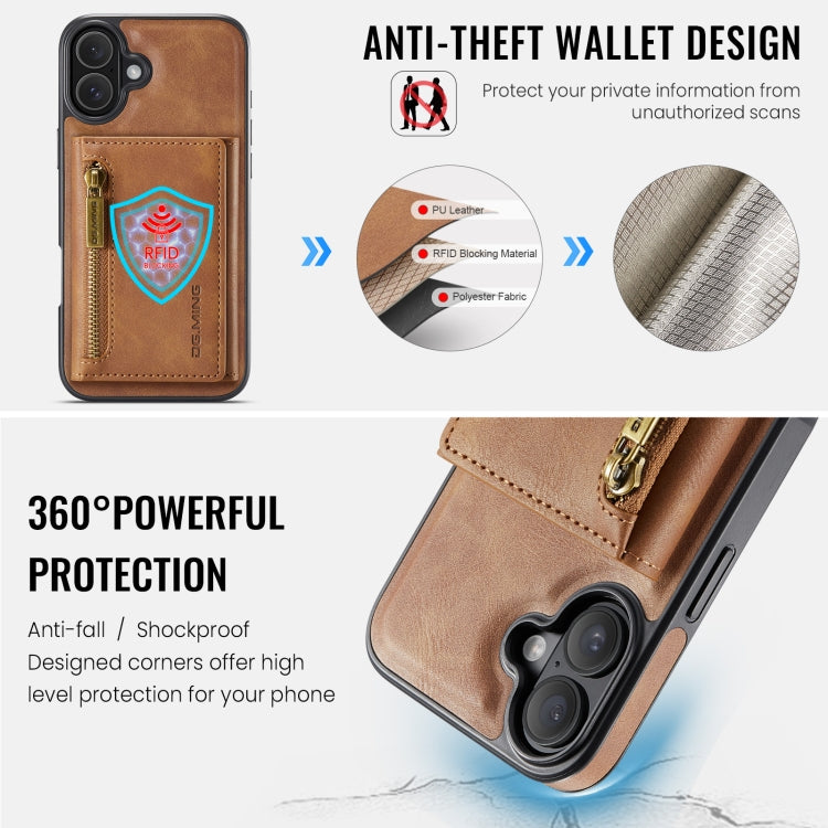 For iPhone 16 DG.MING M5 Series Zip RFID Multi Card Detachable Leather Phone Case(Brown) - iPhone 16 Cases by DG.MING | Online Shopping UK | buy2fix
