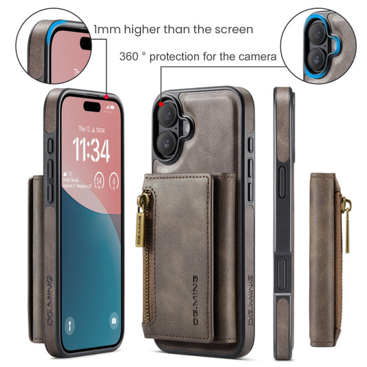 For iPhone 16 DG.MING M5 Series Zip RFID Multi Card Detachable Leather Phone Case(Coffee) by DG.MING