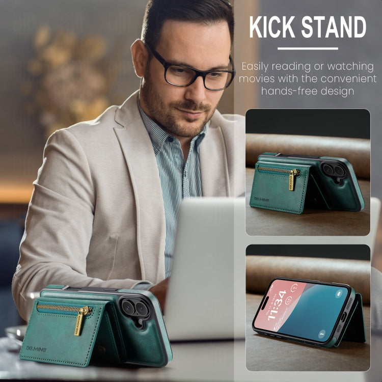 For iPhone 16 DG.MING M5 Series Zip RFID Multi Card Detachable Leather Phone Case(Green) by DG.MING