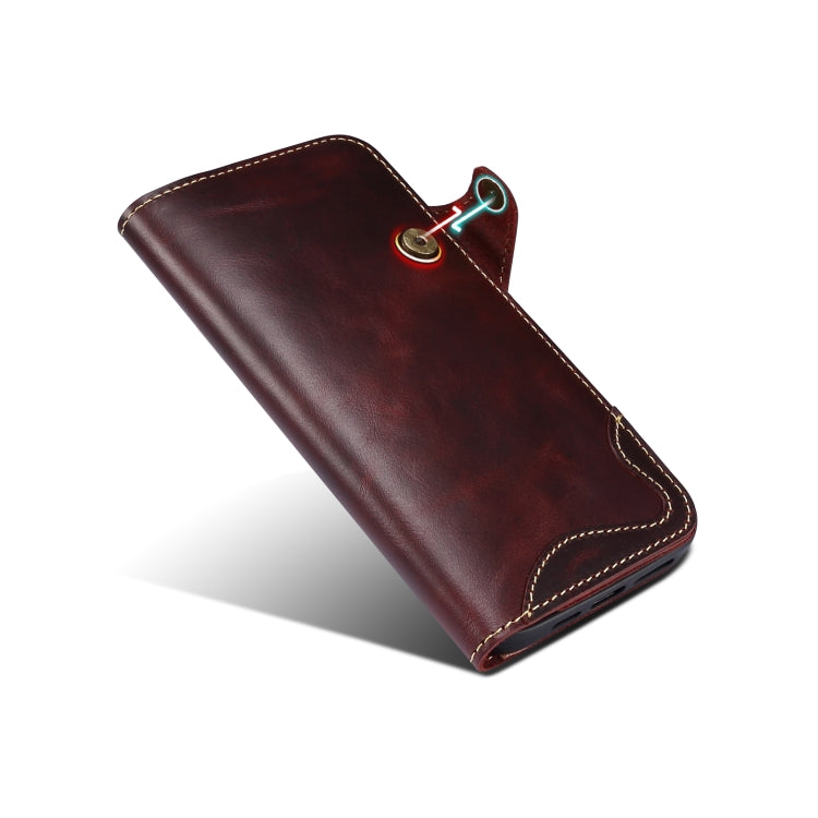 For iPhone 15 Pro Max Denior Oil Wax Cowhide Magnetic Button Genuine Leather Case(Dark Red) by Denior