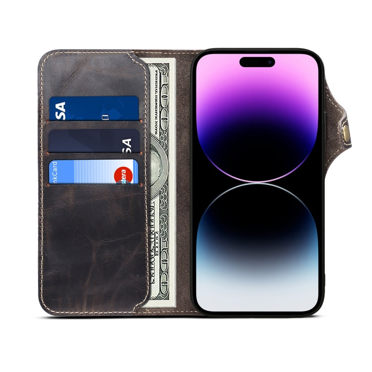 For iPhone 15 Pro Denior Oil Wax Cowhide Magnetic Button Genuine Leather Case(Black) - iPhone 15 Pro Cases by Denior | Online Shopping UK | buy2fix