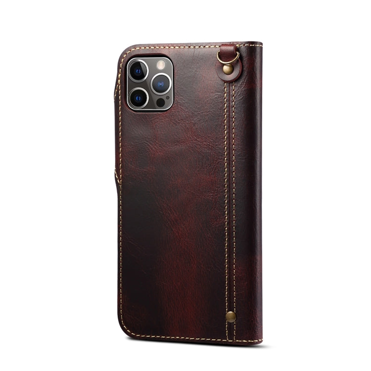 For iPhone 15 Pro Denior Oil Wax Cowhide Magnetic Button Genuine Leather Case(Dark Red) - iPhone 15 Pro Cases by Denior | Online Shopping UK | buy2fix