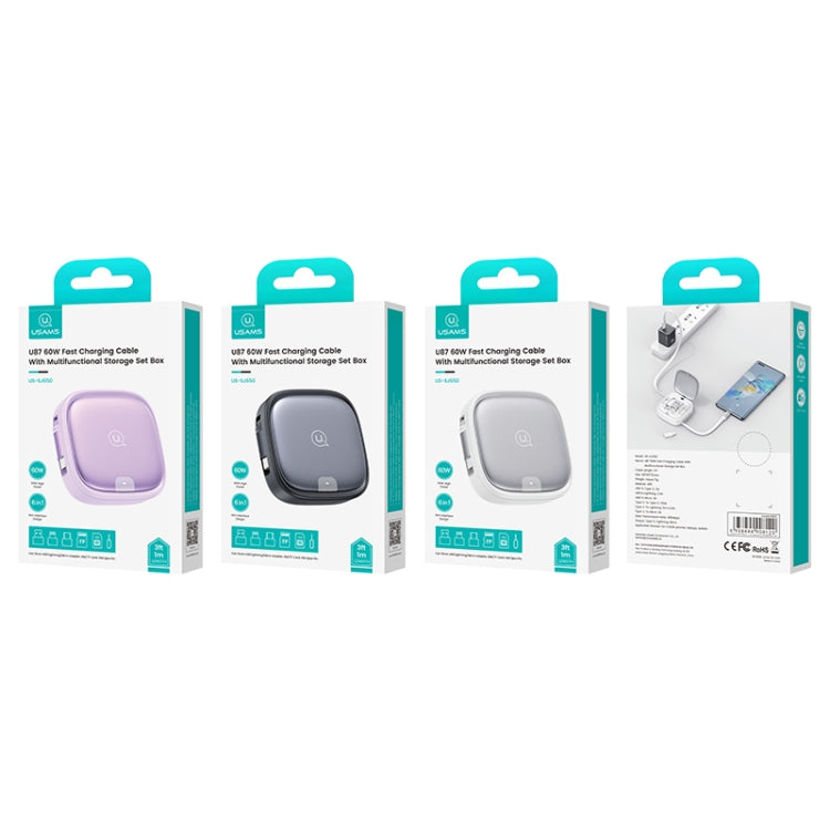 USAMS US-SJ650 U87 60W USB To Type-C To Type-C 8 Pin + Micro USB Multifunctional Telescopic Storage Box Data Cable, Length: 1m(Silver) - Multifunction Cable by USAMS | Online Shopping UK | buy2fix