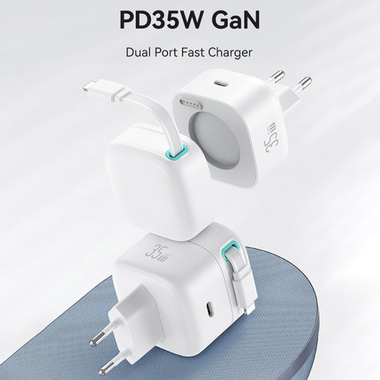 USAMS US-CC209 SMF Series PD35W 8 Pin + Type-C Dual Port GaN Fast Charger, EU Plug(White) by USAMS