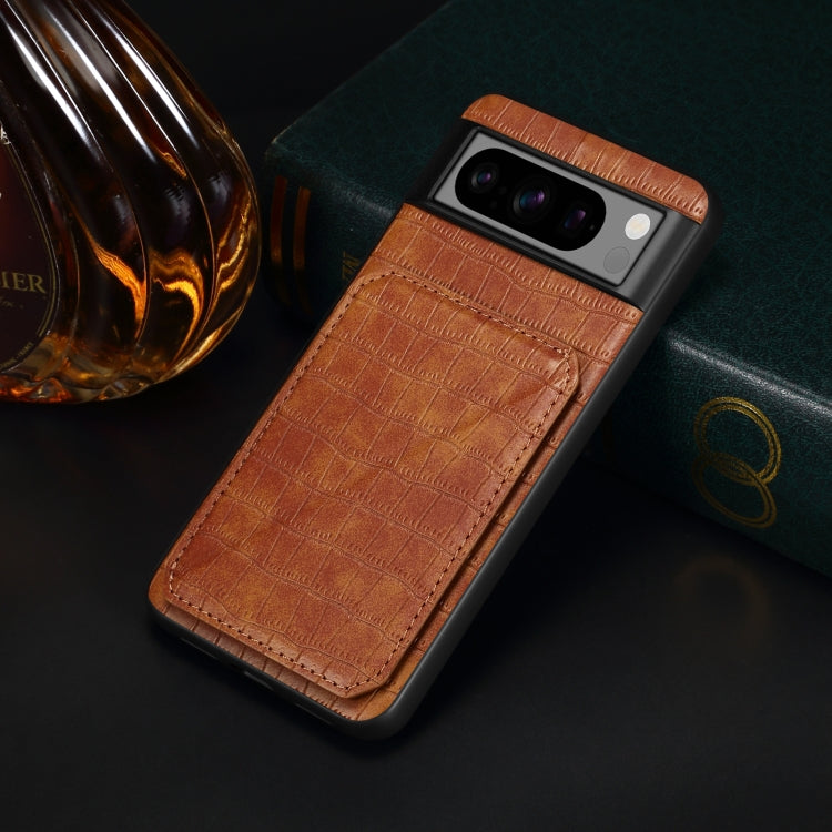 For Google Pixel 8 Pro Denior Crocodile Texture Holder Electroplating Phone Case(Brown) - Google Cases by Denior | Online Shopping UK | buy2fix