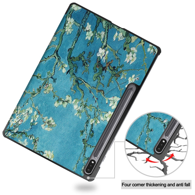 For Samsung Galaxy Tab S8+ / Tab S8 Plus / Tab S7 FE / Tab S7+ Custer Painted PU Leather Case with Sleep / Wake-up Function & 3-Fold Holder(Apricot Blossom) by buy2fix